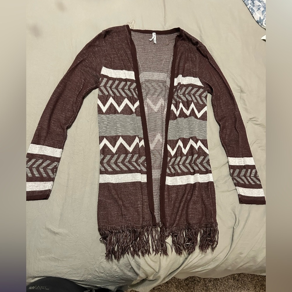 Maroon, white, grey cardigan